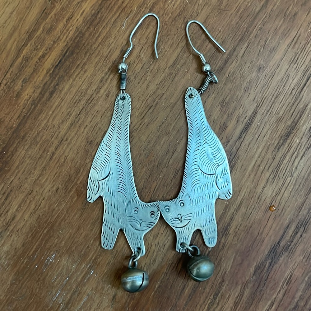 Vintage Silver Stamped Cat Playing with Ball Bell Earrings